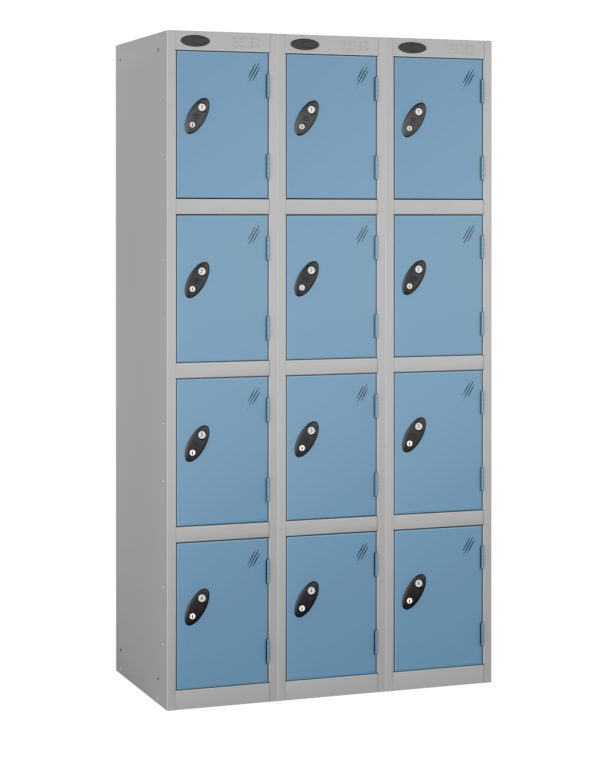 Probe Lockers for 12 users. Shown in Silver Grey body and Ocean doors