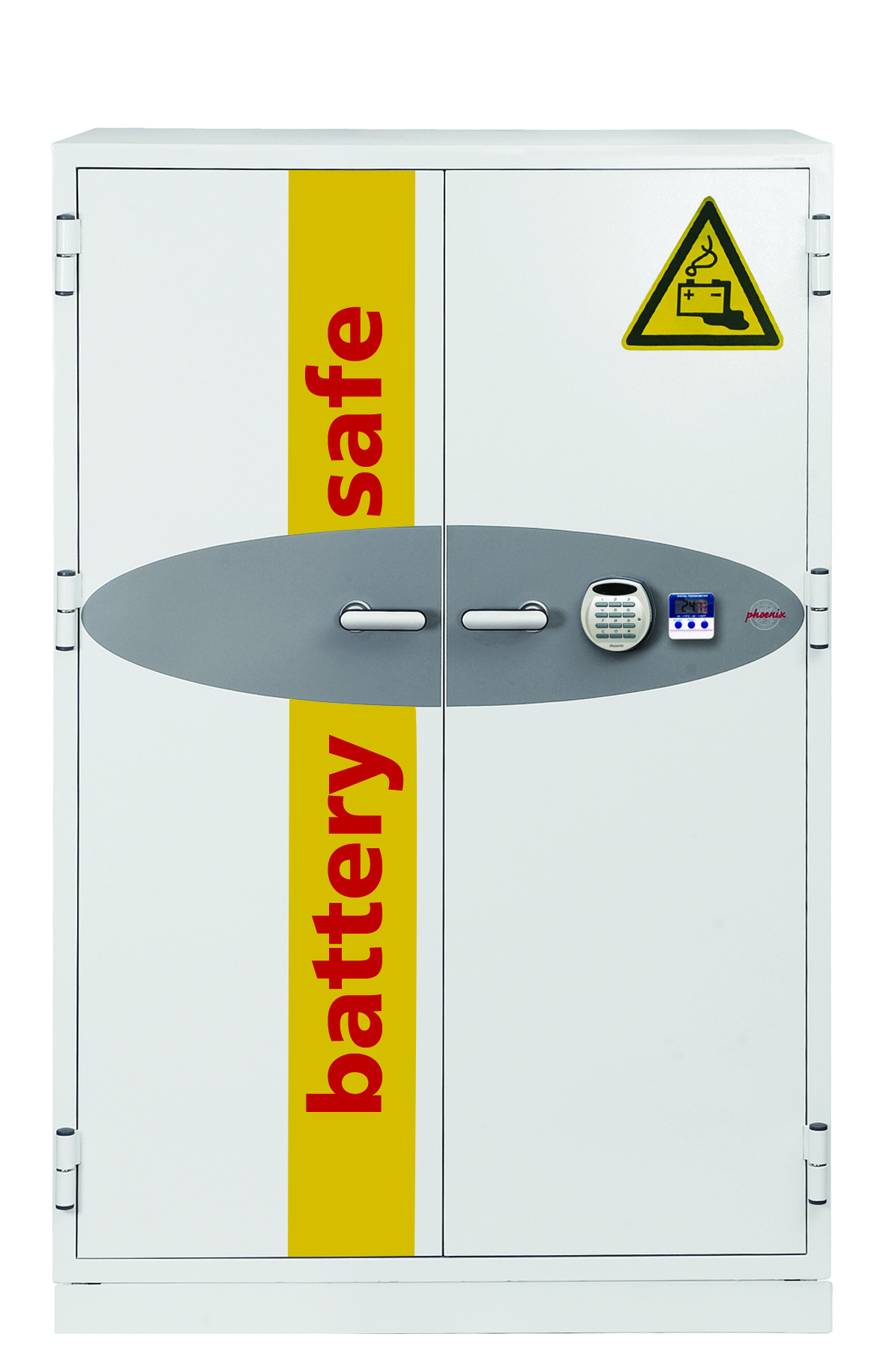Phoenix Safes Battery Commander BS1934E fire safe for lithium-ion batteries. Fitted with electronic code lock.