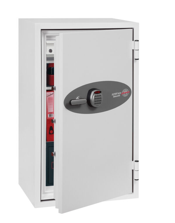The Phoenix Safe Data Combi DS2504E data media fire safe or safe for the home offers protection for digital media, paper records, cash and valuables. Its almost 4 feet tall and can be base fixed to a floor with its provided bolts. The door features a high security advanced electronic code lock.