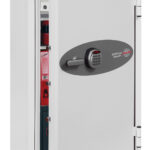 The Phoenix Safe Data Combi DS2504E data media fire safe or safe for the home offers protection for digital media, paper records, cash and valuables. Its almost 4 feet tall and can be base fixed to a floor with its provided bolts. The door features a high security advanced electronic code lock.
