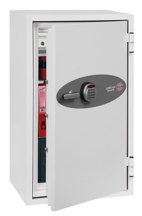 The Phoenix Safe Data Combi DS2504E data media fire safe or safe for the home offers protection for digital media, paper records, cash and valuables. Its almost 4 feet tall and can be base fixed to a floor with its provided bolts. The door features a high security advanced electronic code lock.