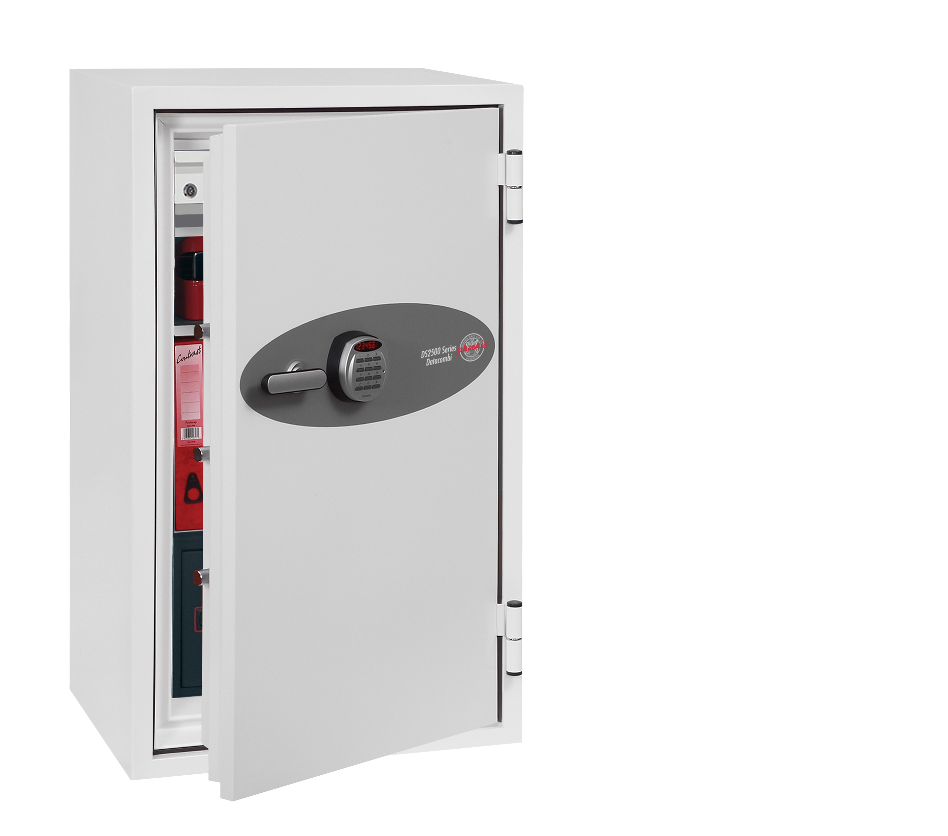 The Phoenix Safe Data Combi DS2504E data media fire safe or safe for the home offers protection for digital media, paper records, cash and valuables. Its almost 4 feet tall and can be base fixed to a floor with its provided bolts. The door features a high security advanced electronic code lock.