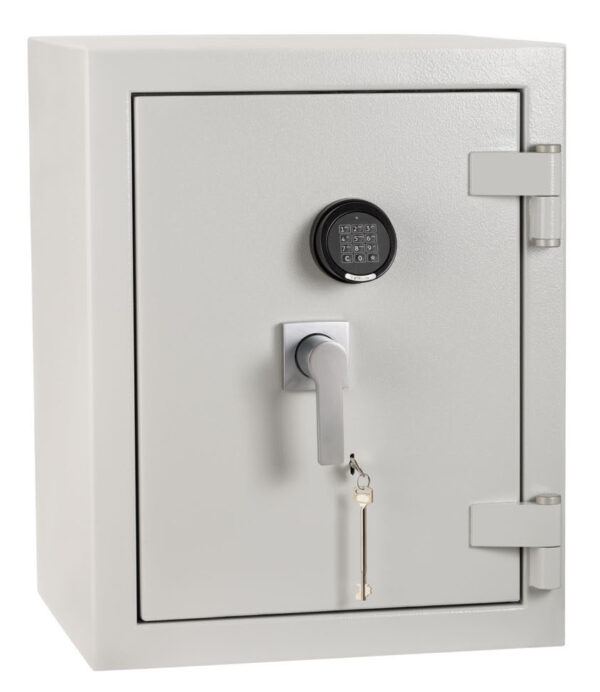 De Raat DRS Prisma Grade 4 size 2ke is a £60,000 cash rated retailer safe, commercial safe or indeed a safe for the home for high risk items. Shown with its door closed with key lock and electronic code lock.