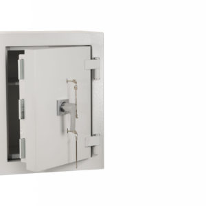 De Raat Prisma Euro Grade 4 security safe with door open showing key retaining locks and strong bolts.