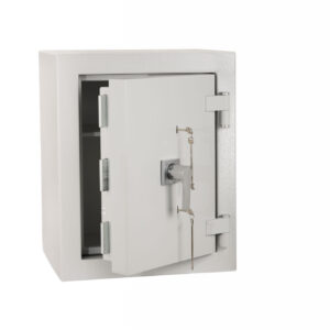 De Raat Prisma Euro Grade 4 security safe with door open showing key retaining locks and strong bolts.