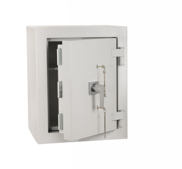 De Raat Prisma Euro Grade 4 security safe with door open showing key retaining locks and strong bolts.