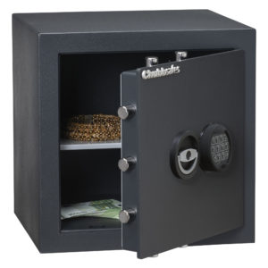 Chubbsafes Zeta euro Grade 0 security safe for the home or office safe. Shows door open and 3 way locking bolts.
