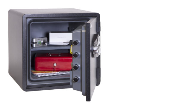 Shown with fairly substantial door bolts for protection, this safe for the home is an idea fire safe to protect documents and digital media from the effects of a fire. It comes with a lifetime after the fire replacement warranty.