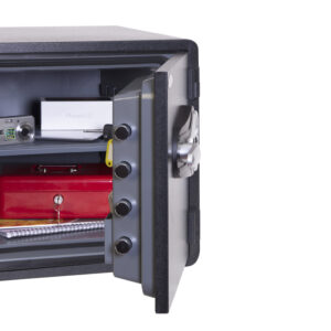 Shown with fairly substantial door bolts for protection, this safe for the home is an idea fire safe to protect documents and digital media from the effects of a fire. It comes with a lifetime after the fire replacement warranty.