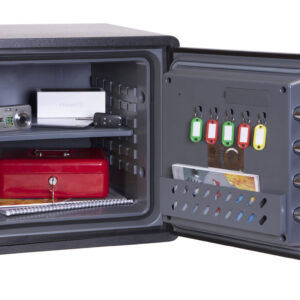 The Phoenix Safe Titan Aqua FS1292E is a super fire safe . Show open, with suggested contents and making a nice office safe, fire safe and safe for the home.