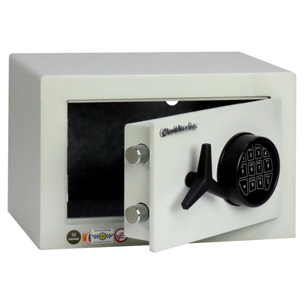 The Chubbsafes HomeVault S2 15E safe for the home is shown with its door opened partially. Featuring a right handed door which houses its 2 large diameter locking bolts.