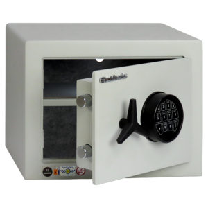 This photo of the chubbsafes homevault s2 25el shows the safe with its door ajar. It shows 2 solid locking bolts that secure its door when closed.