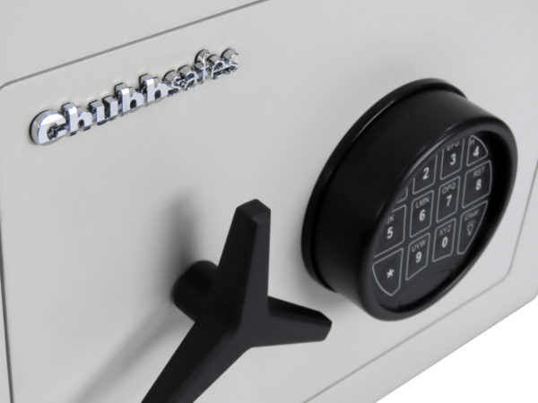 This is the Chubbsafes HomeVault S2 25EL door showing its steel propeller handle and close up of its electronic code lock.