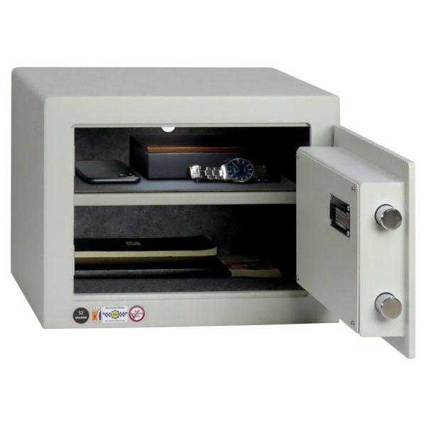 This image shows the Chubbsafes HomeVault S2 25KL with its door fully opened to 90 degrees. you can its shelf with a faux leather mat and the interior light.