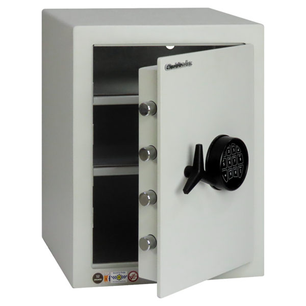 This image of the Chubbsafes HomeVault S2 55el shows its door ajar. The shape of the safe is 500MM TALL BY 385MM WIDE AND DEEP.