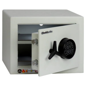This image shows the Chubbsafes Homevault S2 Plus 25el with its door ajar. It comes with 2 solid steel locking bolts, one shelf and USB rechargeable light.