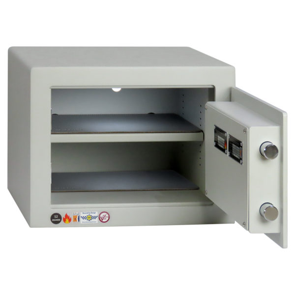 In this image of the Chubbsafes HomeVault S2 Plus 25EL the door is fully open to 90 degrees. Its door uses 6mm thickness steel withinternal hinges. Its flush appearance makes this a robust security safe indeed