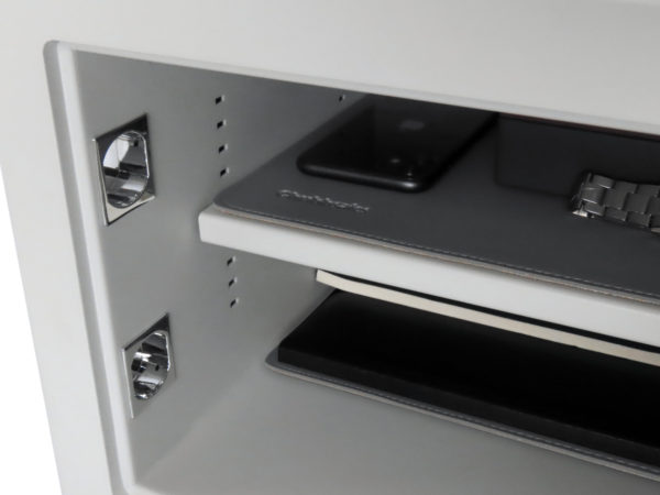 This image of the Chubbsafes HomeVault S2 Plus 25KL is a close up of its shelf with its protective leather look mat and chromed bolt work cup holders. This £4000 rated safe is excellent value for money.
