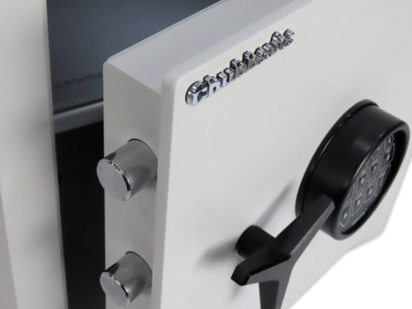 This is an image of the safe door open on this Chubbsafes HomeVault S2 Plus 40EL sfae. Its bolts secure its 6mm solid steel door in case of attack.
