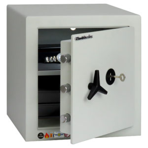 With its door open, this Chubbsafes HomeVault S2 Plus 40KL image shows 3 heavy duty locking bolts on its door, which is internally hinged to make it much harder to break into. This size makes this an excellent £4000 rated security safe for the home or can be used as an office safe.