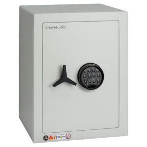 The Chubbsafes HomeVault S2 Plus 55E is the largest safe in this popular office safe or safe for the home with a capacity of 41 litres. It comes furnished with an EN1300 Class B electronic code lock. The lock features very clear numbers, its easy to input a 6 digit combination, listen to its motorised bolt then turn its 3 spoke handle to move the bolts of the door for opening.