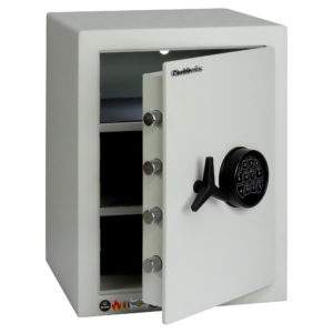 With the door open on this Chubbsafes HomeVault S2 Plus 55EL, you can see it comes with 2 height adjustable steel shelves, that, for your convenience, have a faux leather mat to help protect loose items.