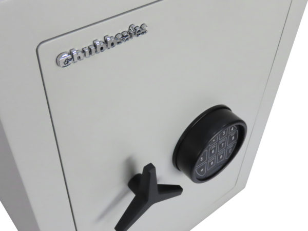 This image of the ChubbSafes HomeVault S2 Plus 55elshows its brand name in the top left corner, its steel 3 spoke handle to move the bolts of the safe and its high quality electronic code lock. It is see with its door closed.