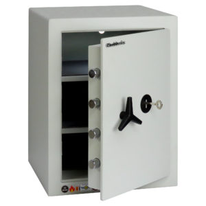 The Chubbsafes HomeVault S2 Plus 55Kl is the largest in the Homevault range of security safes. Perfectly sized safe for the home, business safe or office safe. Shown with its door ajar.
