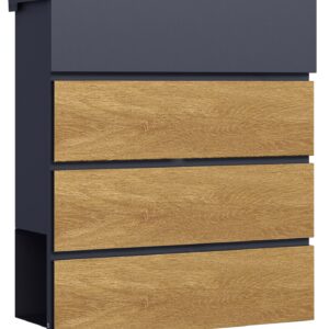 The Phoenix Safe Estilo MB0120 series Estilo Letter box MB0126KW comes with a generous 5 year warranty in this weather resistant mail box. Fully galvanised to stop rust to give this top loading letter box a good long life. It also features a wood effect facia and graphite colour main body... You'll also note it comes with a newspaper section at the bottom. It is secured by quality key lock and supplied with 3 keys.