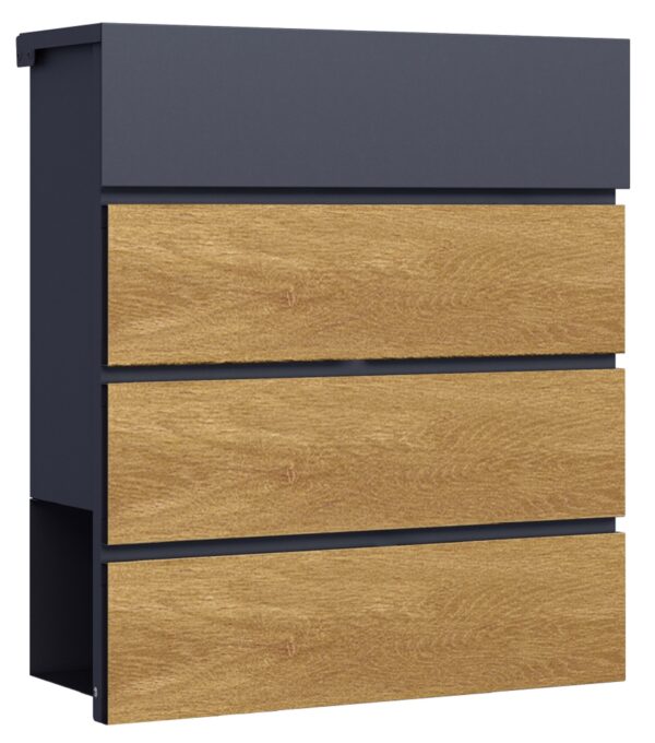 The Phoenix Safe Estilo MB0120 series Estilo Letter box MB0126KW comes with a generous 5 year warranty in this weather resistant mail box. Fully galvanised to stop rust to give this top loading letter box a good long life. It also features a wood effect facia and graphite colour main body... You'll also note it comes with a newspaper section at the bottom. It is secured by quality key lock and supplied with 3 keys.