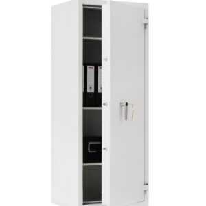 This De Raat Prisma Grade 1 size 6 security safe is shown with its door part opened and a suggested use of file storage on its shelves. It comes with a 30 minute protection for documents.