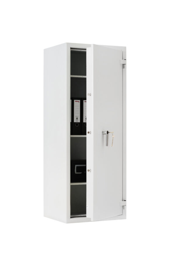 This De Raat Prisma Grade 1 size 6 security safe is shown with its door part opened and a suggested use of file storage on its shelves. It comes with a 30 minute protection for documents.
