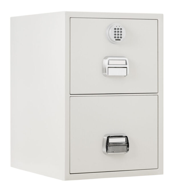 The De Raat Protector SF-680-2EOX is a 3 drawer fire resistant filing cabinet. It is a perfect fire file for the office to protect paper records for 90minutes, from the effects of a fire. This comes with a good security electronic code lock