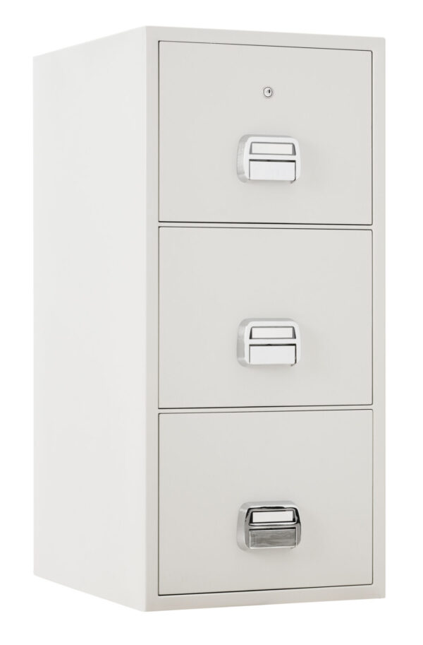 The De Raat Protector SF0680-3DK is a 3 drawer fire resistant filing cabinet. It is a good fire filer with a 90 minute protection for paper records. This comes with a good quality key lock with 2 keys.