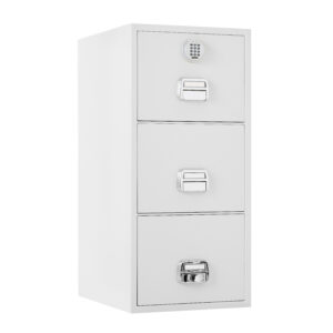 The De Raat Protector SF-680-3EOX is a 3 drawer fire resistant filing cabinet with 90 minutes protection for paper records. This is a quality office fire filing cabinet that comes with an electronic code lock.
