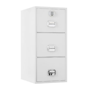 The De Raat Protector SF-680-3EOX is a 3 drawer fire resistant filing cabinet with 90 minutes protection for paper records. This is a quality office fire filing cabinet that comes with an electronic code lock.