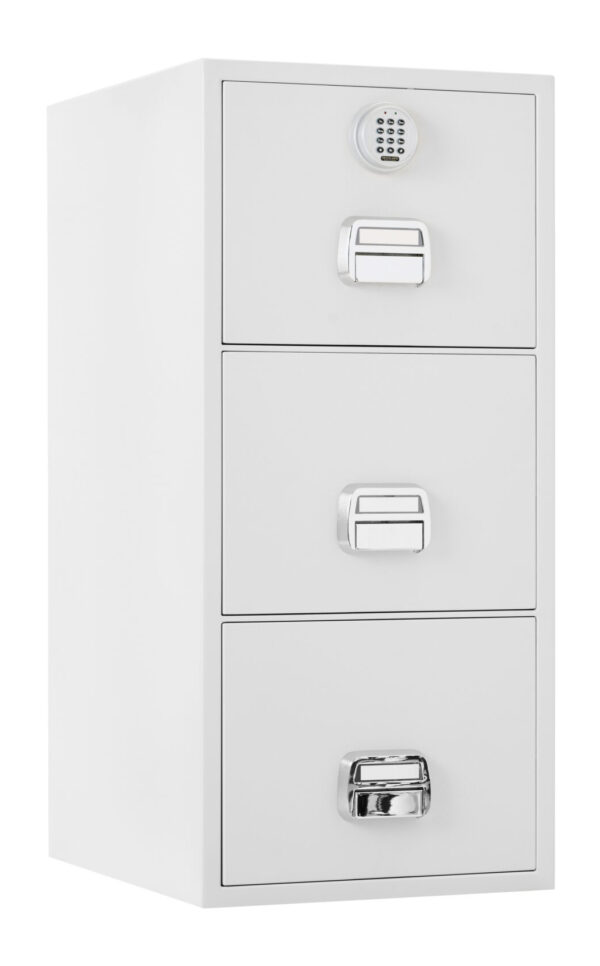 The De Raat Protector SF-680-3EOX is a 3 drawer fire resistant filing cabinet with 90 minutes protection for paper records. This is a quality office fire filing cabinet that comes with an electronic code lock.