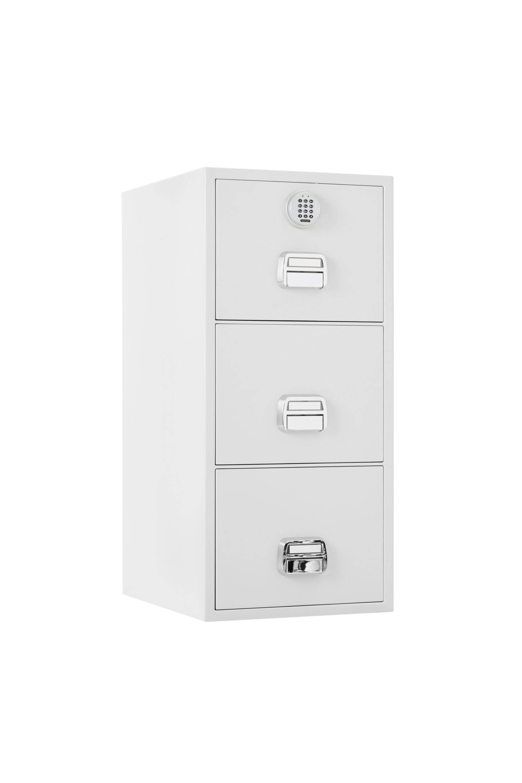 The De Raat Protector SF-680-3EOX is a 3 drawer fire resistant filing cabinet with 90 minutes protection for paper records. This is a quality office fire filing cabinet that comes with an electronic code lock.