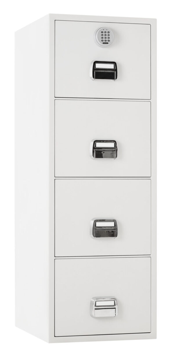 The De Raat SF 680 4EOX is a 4 drawer, 90 minute fire resistant filing cabinet for the protection of paper records. Perfect as an office filing cabinet with high security electronic code lock. This comes with the benefit of a free palletised delivery.