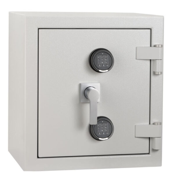 The DeRaat Prisma Euro Grade 4 size 0ee is a euro grade 4 commercial safe, office safe and retail safe that comes with a removable shelf and two electronic code locks.