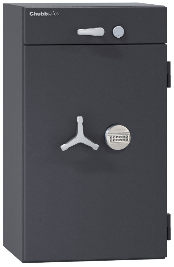 The Chubbsafes ProGuard DT Gd 2 size 150e is a eurograde 2 insurance approved commercial safe with drawer deposit. This allows goods or money to be inserted into the safe, without the need to open its door, thus making this a quality security safe indeed. The150e has an electronic lock toits door and key lock, for the drawer. It is also available with an electronic multi user code lock.