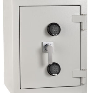 The De Raat Prisma grade 5 size 2ee is a high quality euro grade 5 security safe. Perfect for storing up to £100,000 cash or £1m of jewellery. Normally classed as a commercial safe or retailer safe. it is also a fire safe and it comes with an LPS30 certification for paper records. Insurance approved and a police preferred specification safe, this comes ready for base fixing. It features two electronic combination locks and is also available with twin key locks or key and electronic code locks.