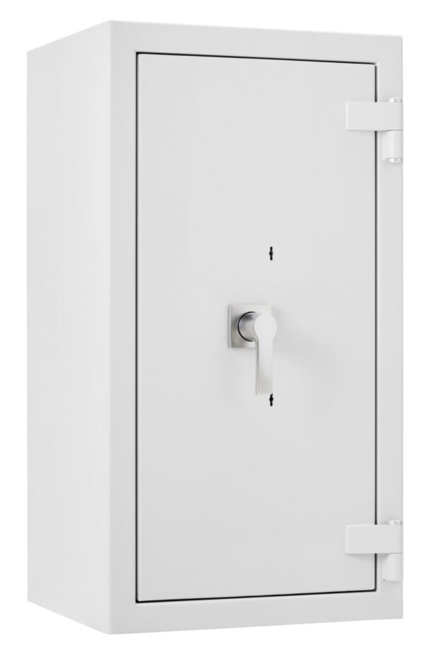 The De Raat Prisma Grade 5 size 4KK is a euro grade 5 popular jewellers safe, commercial safe and a possible safe for the home, for those needing high risk protection. This security safe carries the LPS 30P fire certification for paper records. Its Ais insurance approved and meets the Police preferred specification. Fitted with TWO high security double bitted key locks