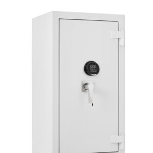 The De Raat Prisma Grade 5 size 3ke is a high security euro grade 5 safe. You can hold £100,000 of cash or up to £1m in jewellery/valuables. This is an AIS insurance approved safe that comes with 2 shelves. Its fire resistance is certified LFS30 for 30 minutes and it is prepared for base fixing with its supplied bolts. The safe comes dual locking by means of a high security key lock and electronic combination code lock.