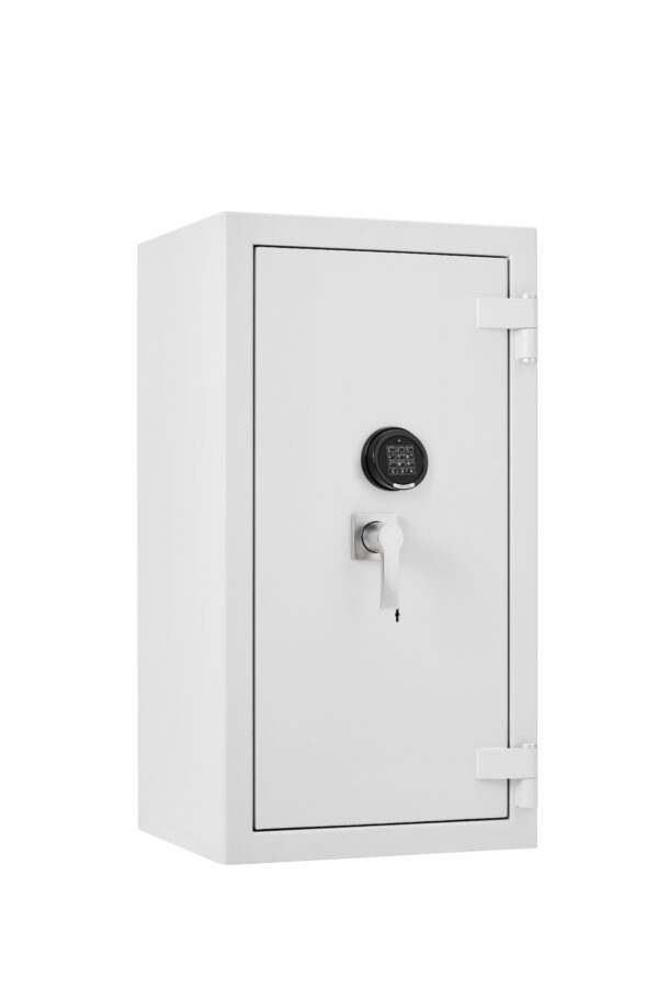 The De Raat Prisma Grade 5 size 3ke is a high security euro grade 5 safe. You can hold £100,000 of cash or up to £1m in jewellery/valuables. This is an AIS insurance approved safe that comes with 2 shelves. Its fire resistance is certified LFS30 for 30 minutes and it is prepared for base fixing with its supplied bolts. The safe comes dual locking by means of a high security key lock and electronic combination code lock.