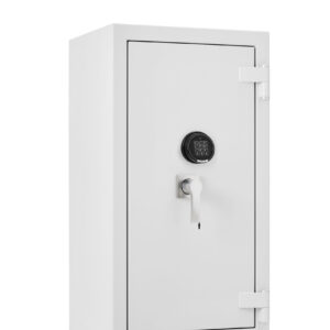 The De Raat Prisma Grade 5 size 3ke is a high security euro grade 5 safe. You can hold £100,000 of cash or up to £1m in jewellery/valuables. This is an AIS insurance approved safe that comes with 2 shelves. Its fire resistance is certified LFS30 for 30 minutes and it is prepared for base fixing with its supplied bolts. The safe comes dual locking by means of a high security key lock and electronic combination code lock.