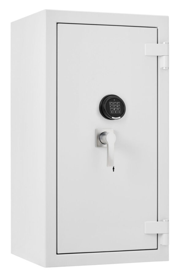 The De Raat Prisma Grade 5 size 3ke is a high security euro grade 5 safe. You can hold £100,000 of cash or up to £1m in jewellery/valuables. This is an AIS insurance approved safe that comes with 2 shelves. Its fire resistance is certified LFS30 for 30 minutes and it is prepared for base fixing with its supplied bolts. The safe comes dual locking by means of a high security key lock and electronic combination code lock.