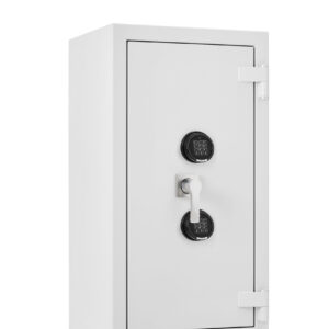 This is the De Raat Prisma grade 5 size 3ee high security safe. It is a euro grade 5, £100,000 cash rated commercial safe for up to £1m of jewellery. Perfect for a jewellers safe or even a safe for the home. Furnished with 2 shelves and secured by means of two electronic combination code locks. It is also available with twin key locks or key and electronic digital locks.