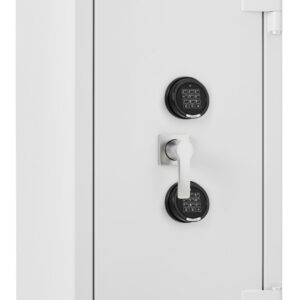 This is the De Raat Prisma grade 5 size 3ee high security safe. It is a euro grade 5, £100,000 cash rated commercial safe for up to £1m of jewellery. Perfect for a jewellers safe or even a safe for the home. Furnished with 2 shelves and secured by means of two electronic combination code locks. It is also available with twin key locks or key and electronic digital locks.