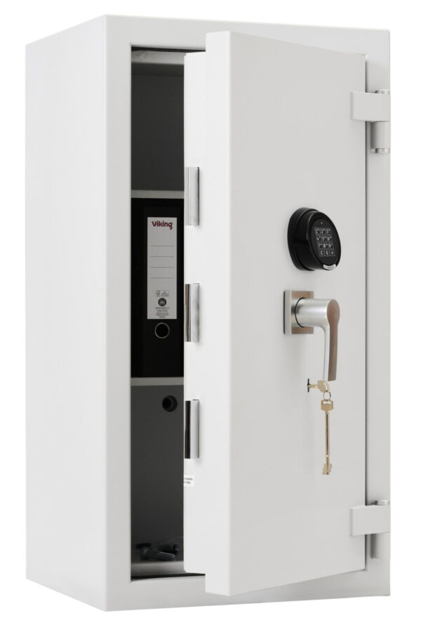The De Raat Prisma grade 4 size 3ke is a euro grade 4, £60,000 rated safe for the home, retail safe and commercial safe that has a 30 minute fire certification, 2 shelves and fitted with dual locking. This has a high security key lock and electronic lock. Its also available with 2 electronic locks or twin key locks.